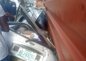 Lagos state- Woman dies as container crushes car
