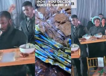 Nigerian couples serve garri and kulikuli at wedding reception