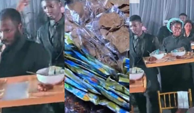 Nigerian couples serve garri and kulikuli at wedding reception